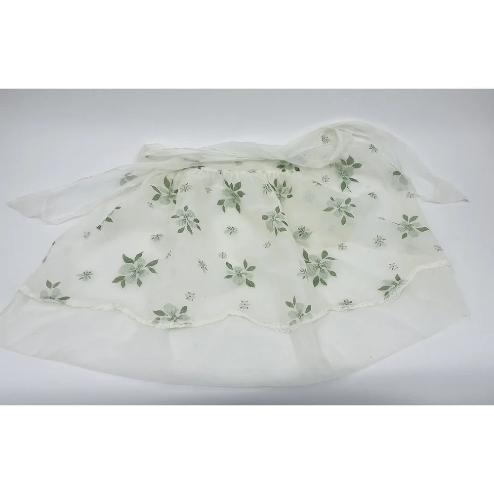 Vintage 1960s Sheer Floral Chiffon Half Apron Hostess Inner Pocket